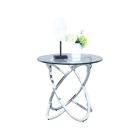 Chintaly Imports Contemporary 24" Round Glass Lamp Table w/ Multi Ring Base in Chrome finish