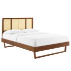 Modway Kelsea Cane and Wood  Platform Bed With Angular Legs in Walnut