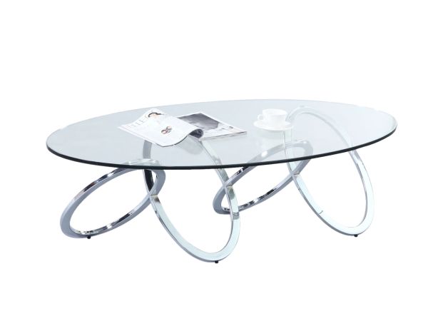 Chintaly Imports Contemporary 30" x 54" Oval Glass Coffee Table w/ Multi-Ring Base in Chrome finish