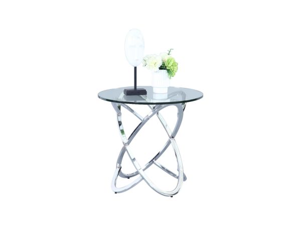 Chintaly Imports Contemporary 24" Round Glass Lamp Table w/ Multi Ring Base in Chrome finish