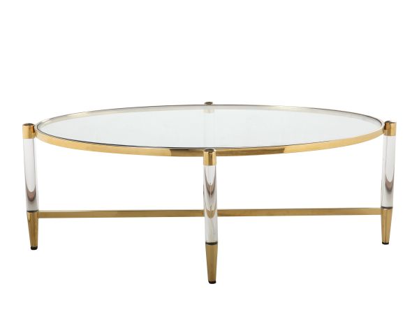 Chintaly Imports Denali Oval Tempered Glass Cocktail Table in Brass