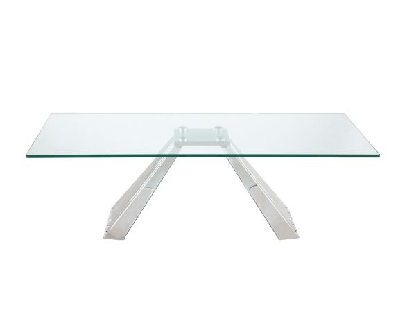 Chintaly Imports Dominique Contemporary 28"x 51" Glass Cocktail Table w/ Flare Pyramid Base in Polished Stainless Steel