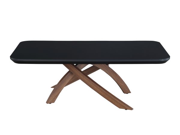 Chintaly Imports Emily Black Glass Top  Cocktail Table w/ Crisscross Base in Walnut