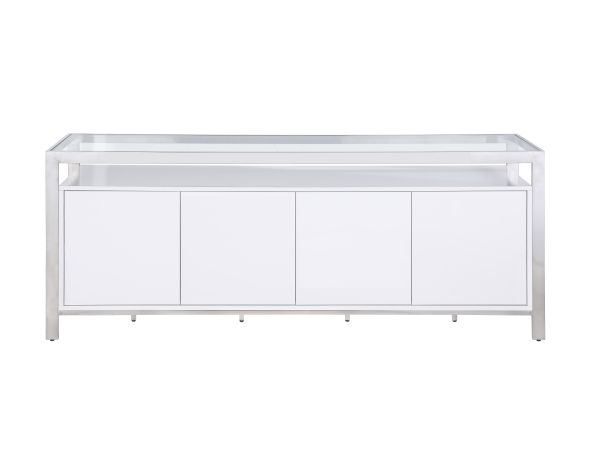 Chintaly Imports Krista Modern White Buffet w/ Stainless Steel & Tempered Glass Top in Gloss White