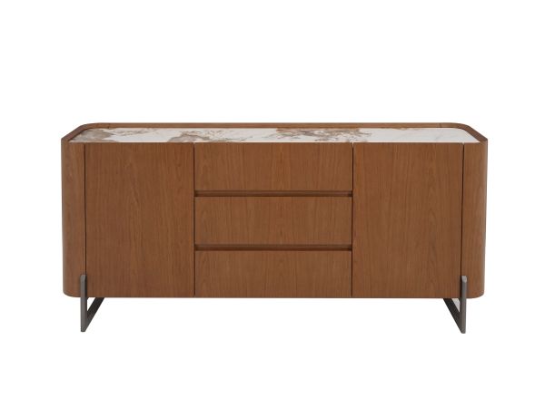 Chintaly Imports Ruby Modern Wooden 2-Door Buffet w/ Ceramic Top & Steel Legs in Gloss White & Brown